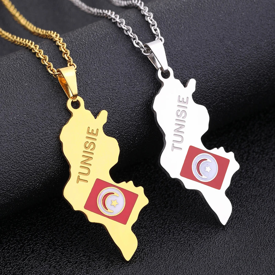 Tunisia Map & Flag Pendant – Stainless Steel Necklace, Gold & Silver Tone