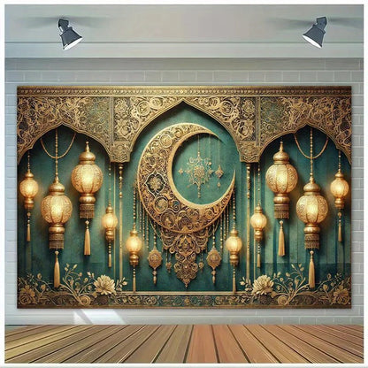 1 Elegant New Moon and Lantern Eid Mubarak Background - Luxurious Ramadan Party Banner
