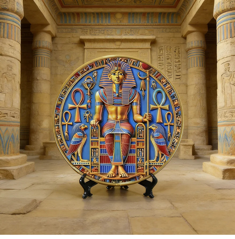 Pharaoh Circular Relief Plaque – 20cm Egyptian Pyramid Resin Desktop Decor