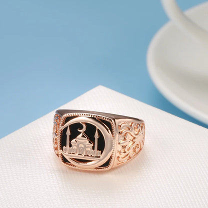 SYOUJYO Black Signet Men's Ring With 585 Rose Gold Color Castle Pattern Exquisite Carving Big Size Easy-Matching Daily Jewelry