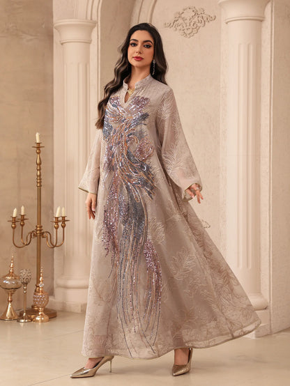 Zahraa Dubai Sequins Luxury Woman Evening Dress Mesh Embroidered Abaya V-Neck Caftan Marocain Femme 2026