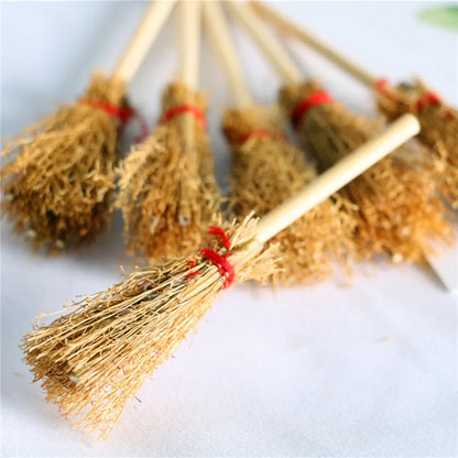 10Pcs Halloween Party Photo Props Mini Witch Hat Mini Broom Miniature Straw Brooms Plastic Witch Hats and Brooms for Halloween