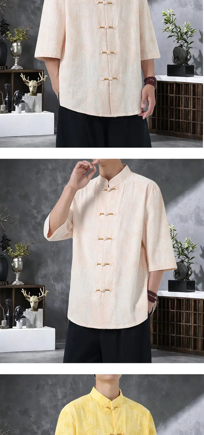 Men's Lightweight Printed Shirt Summer Chinese Style Mandarin Collar Casual Top with Frog Buttons Oriental Design