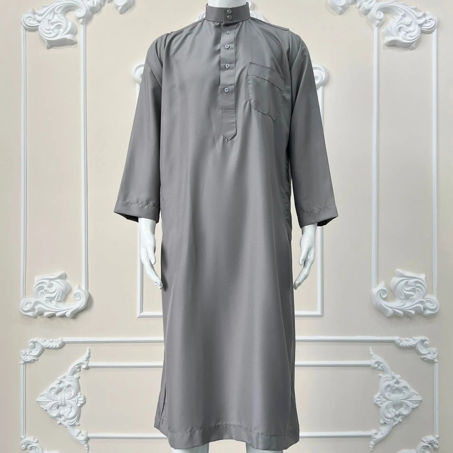 Polyester men's long robe, Qatar style stand collar robe, pocket design, Arabian and Middle Eastern men's clothing, available in