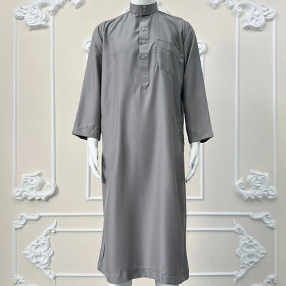 Polyester men's long robe, Qatar style stand collar robe, pocket design, Arabian and Middle Eastern men's clothing, available in