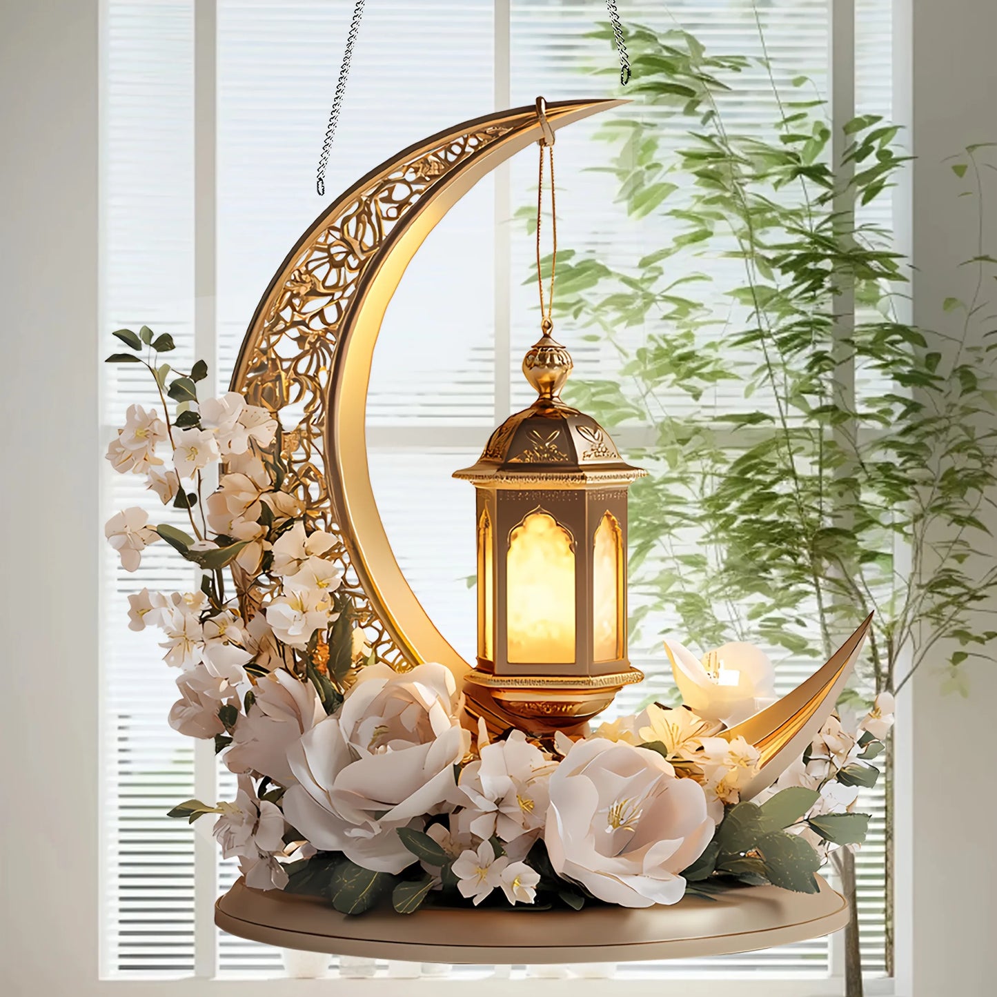 1Pcs Ramadan Golden Moon Hanging Decoration with Lighted Lantern Floral Decoration Eid Al-Fitr Islamic Style Hanging Ornament