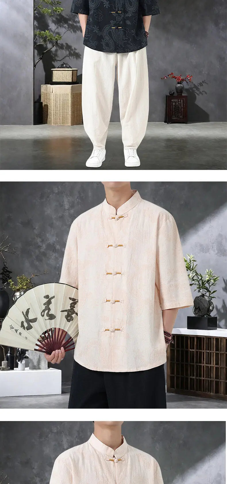 Men's Lightweight Printed Shirt Summer Chinese Style Mandarin Collar Casual Top with Frog Buttons Oriental Design