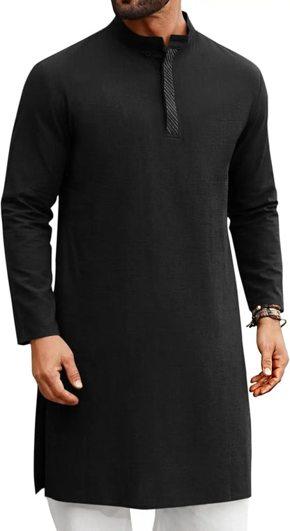 Mens Kaftan Thobe Long Sleeve Casual Henley Shirts Button Down Kurta Cotton Linen Muslim Gown Robe