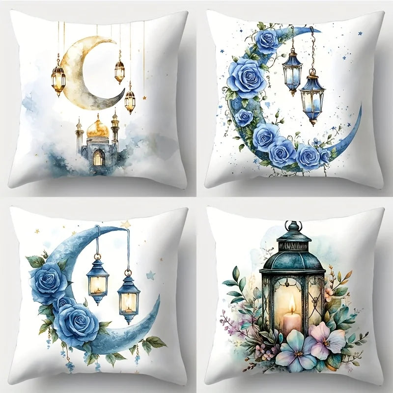 4Pcs Islamic Crescent Moon Pillow Covers 45x45cm Double-sided Printed Lantern Rose Cushion Cases Ramadan Decor Throw Pillows No