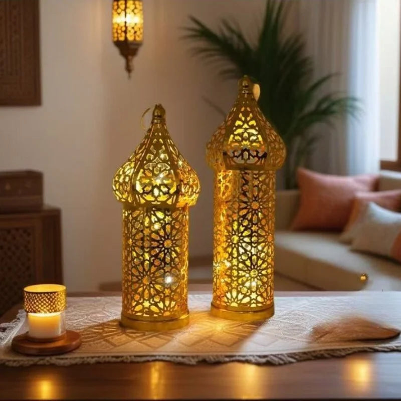 Morocco Festival Lights Metal LED Wind Lantern Ramadan Decorations for Home DIY Hanging Ornaments Muslim Islam Party Decor Gifts
