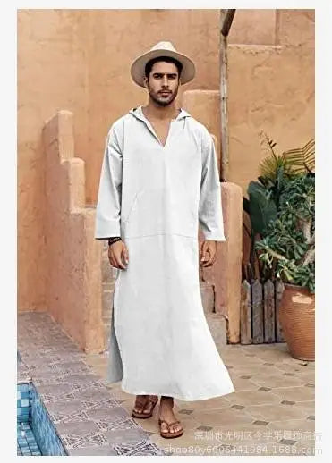 2026 New Muslim Robe Solid Color Retro Arab Islamic Clothing Men Dress Casual Cotton Linen Long Kaftan Middle East Caftan Abayas