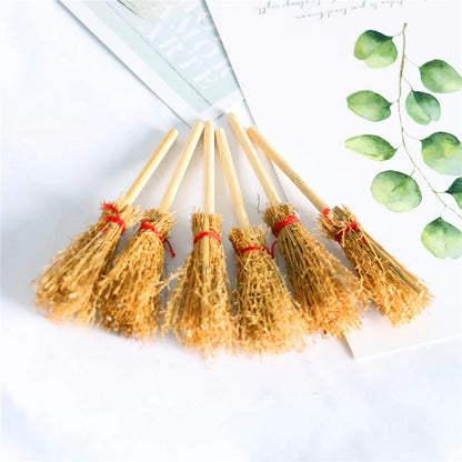 10Pcs Halloween Party Photo Props Mini Witch Hat Mini Broom Miniature Straw Brooms Plastic Witch Hats and Brooms for Halloween