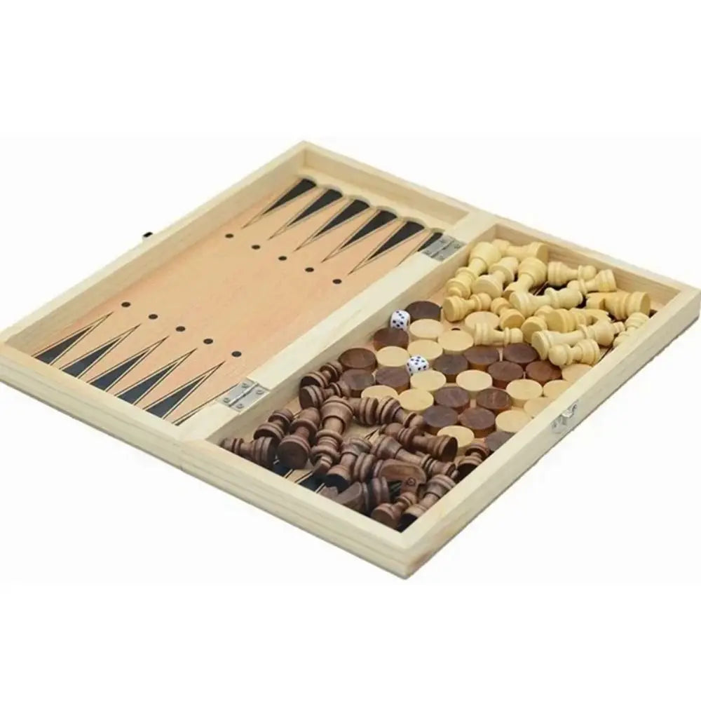 3-in-1 Chess&Backgammon&Checkers Set Wooden Chessboard Board Games Set Portable Educational International Chess Game