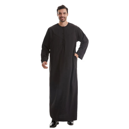TH839 Men's Muslim Middle Eastern Men Long Sleeves Pure Color Buckle Robe Ramadan Eid Jubba Thobe