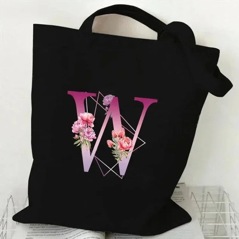 Noir Florale – Black Purple Alphabet Canvas Shoulder Tote