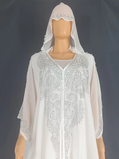 Beading Chiffon Maxi Dress Caftan Abaya Dubai Luxury Muslim Women Clothing Hijabs Femme Plus Size Hooded Long Dresses African