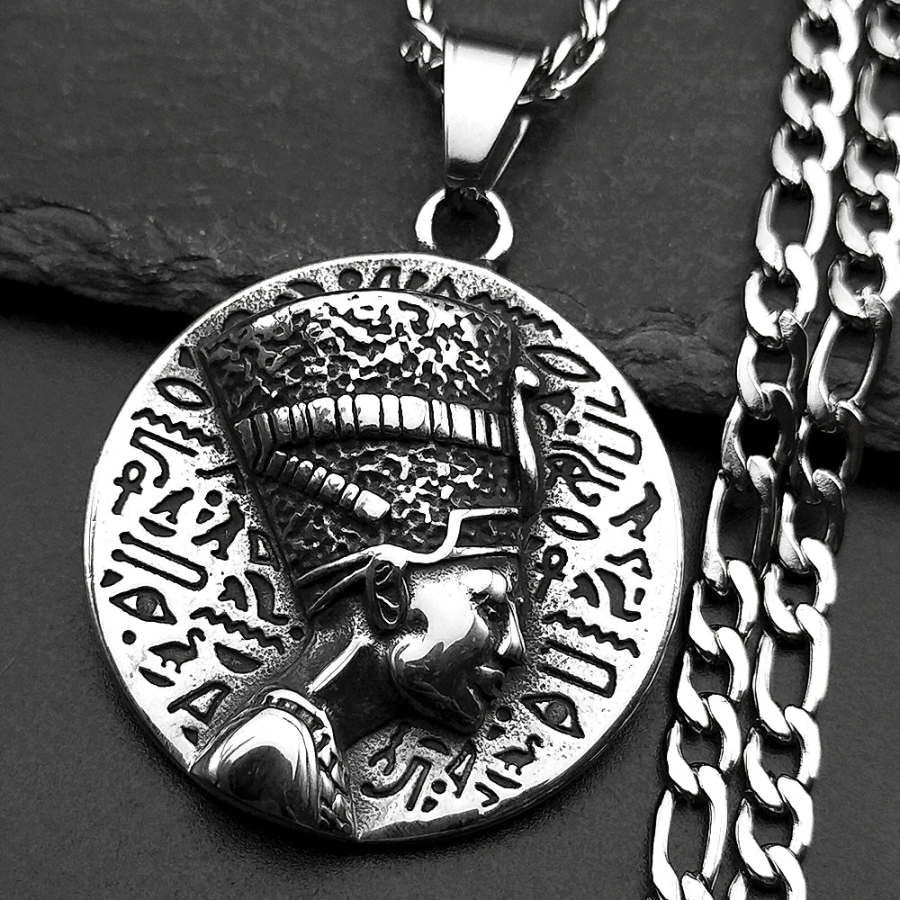 Nefertiti & Ankh Pendant – Titanium Steel Egyptian Cultural Symbol Necklace