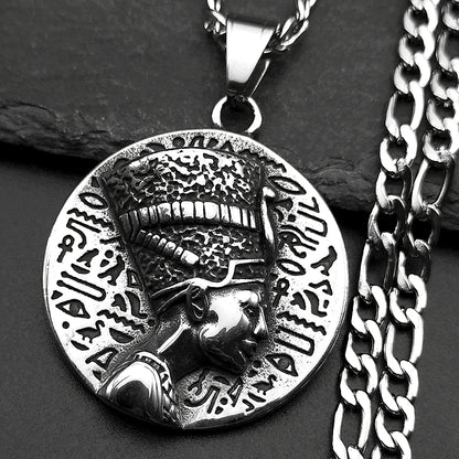 Nefertiti & Ankh Pendant – Titanium Steel Egyptian Cultural Symbol Necklace