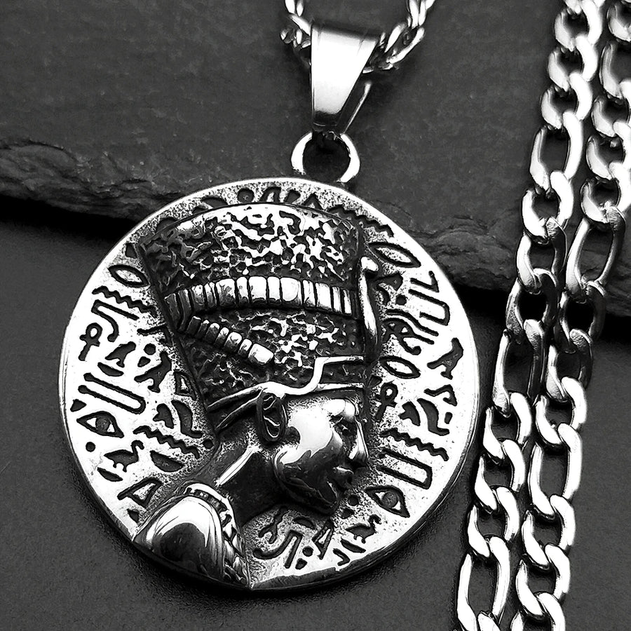 Nefertiti & Ankh Pendant – Titanium Steel Egyptian Cultural Symbol Necklace
