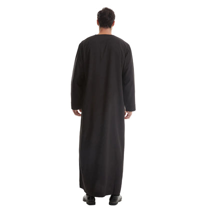 TH839 Men's Muslim Middle Eastern Men Long Sleeves Pure Color Buckle Robe Ramadan Eid Jubba Thobe