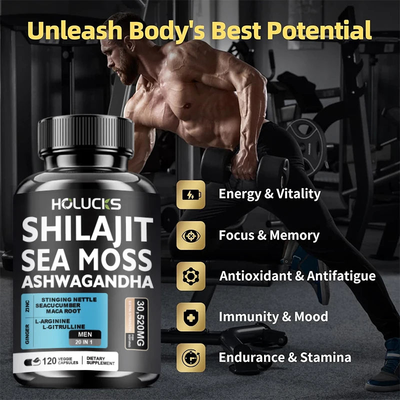 Shilajit +Sea Moss Capsules for Men, Enhance Strength, Energy & Endurance, Improve Immune, Cognitive Boost, Promote Metabolism