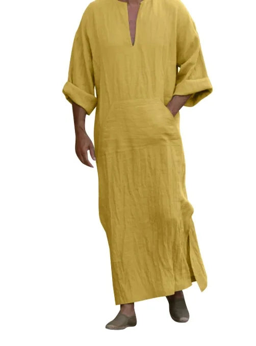The Essential Thobe – Solid Color Cotton Linen Kaftan for Men