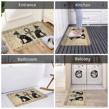Egyptian Cats & Ankh Doormat – Anti-Slip Entrance Rug, Ancient Egypt Home Decor