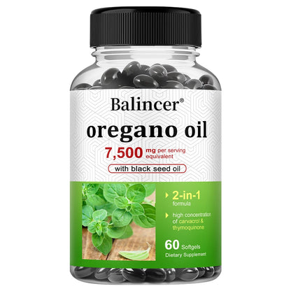 Oregano Oil 7,500 Mg, with Black Seed Oil for Immune Health, High in Carvacrol and Thymoquinone - Non-GMO