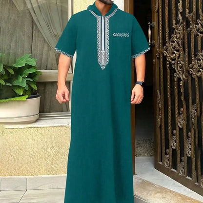 Short-sleeved, hooded, embroidered Muslim pocket Thobe, casual Arab style, traditional Gandoura prayer festival clothing for men
