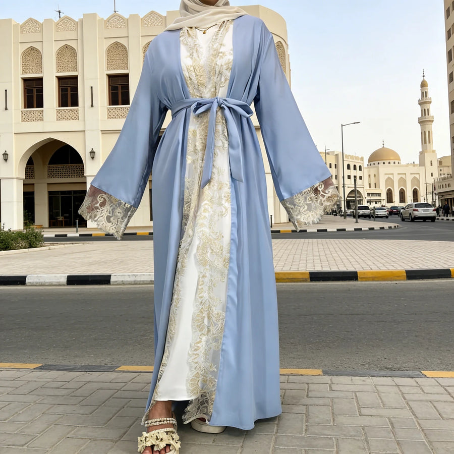 Lace & Grace – 2-Piece Lace-Up Abaya Set for the Muslim Woman in America