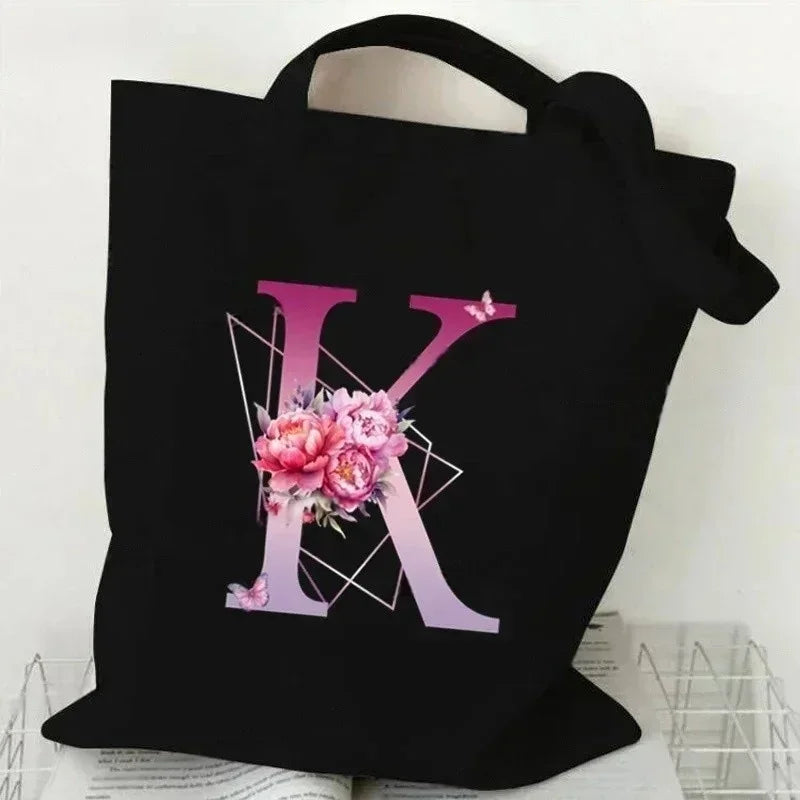 Noir Florale – Black Purple Alphabet Canvas Shoulder Tote