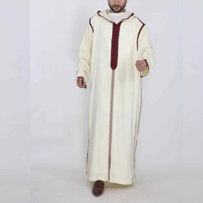 New Muslim Jubba Thobe Clothes Men Hoodie Ramadan Spring Autumn Abaya Dubai Turkey Islamic Clothing Male Casual Loose Red Stripe