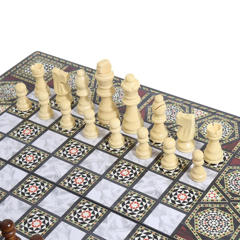Luxury Knight Wooden 3-in-1 Chess Backgammon Foldable Intellectual Entertainment Game Portable Board Multiple Modes