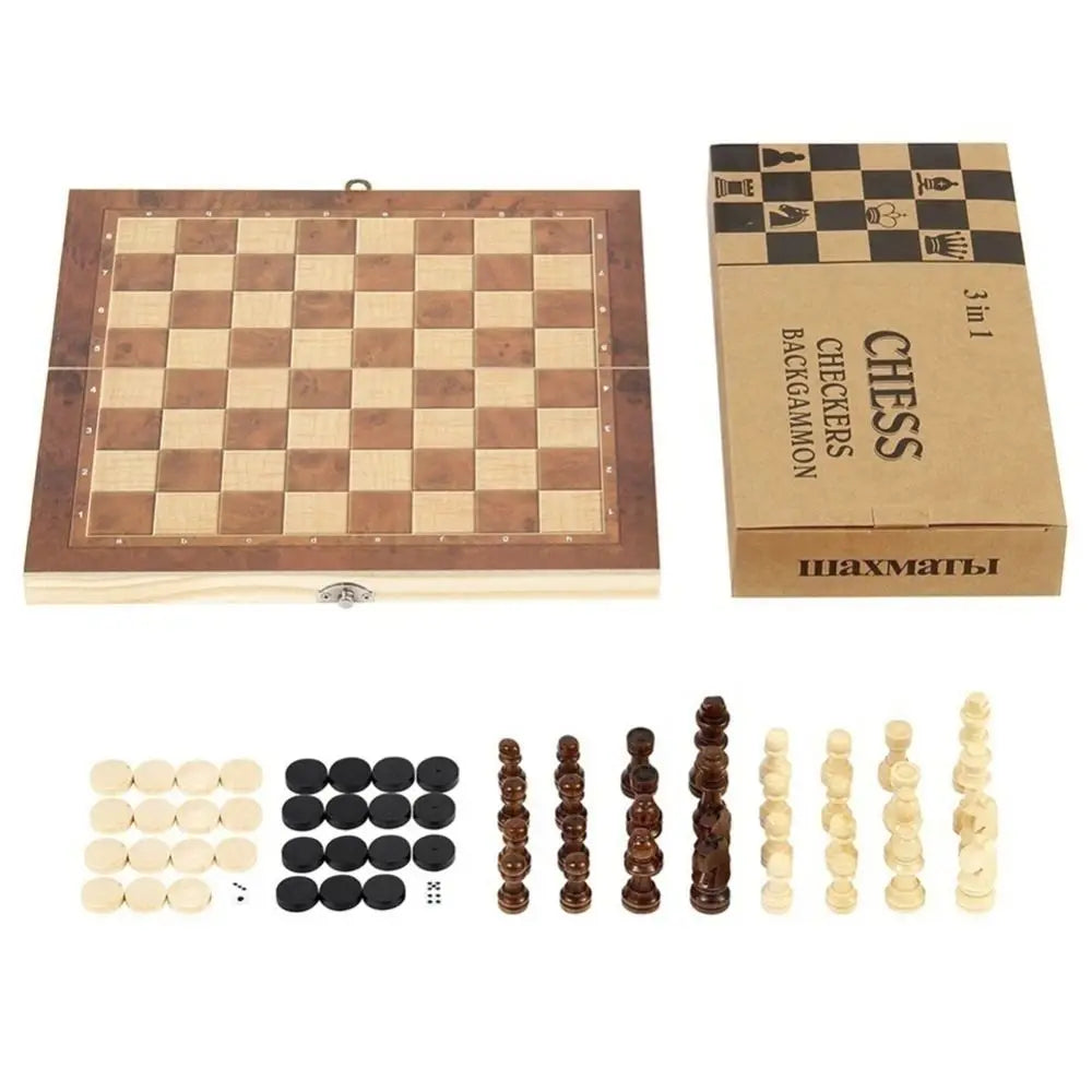 3-in-1 Chess&Backgammon&Checkers Set Wooden Chessboard Board Games Set Portable Educational International Chess Game