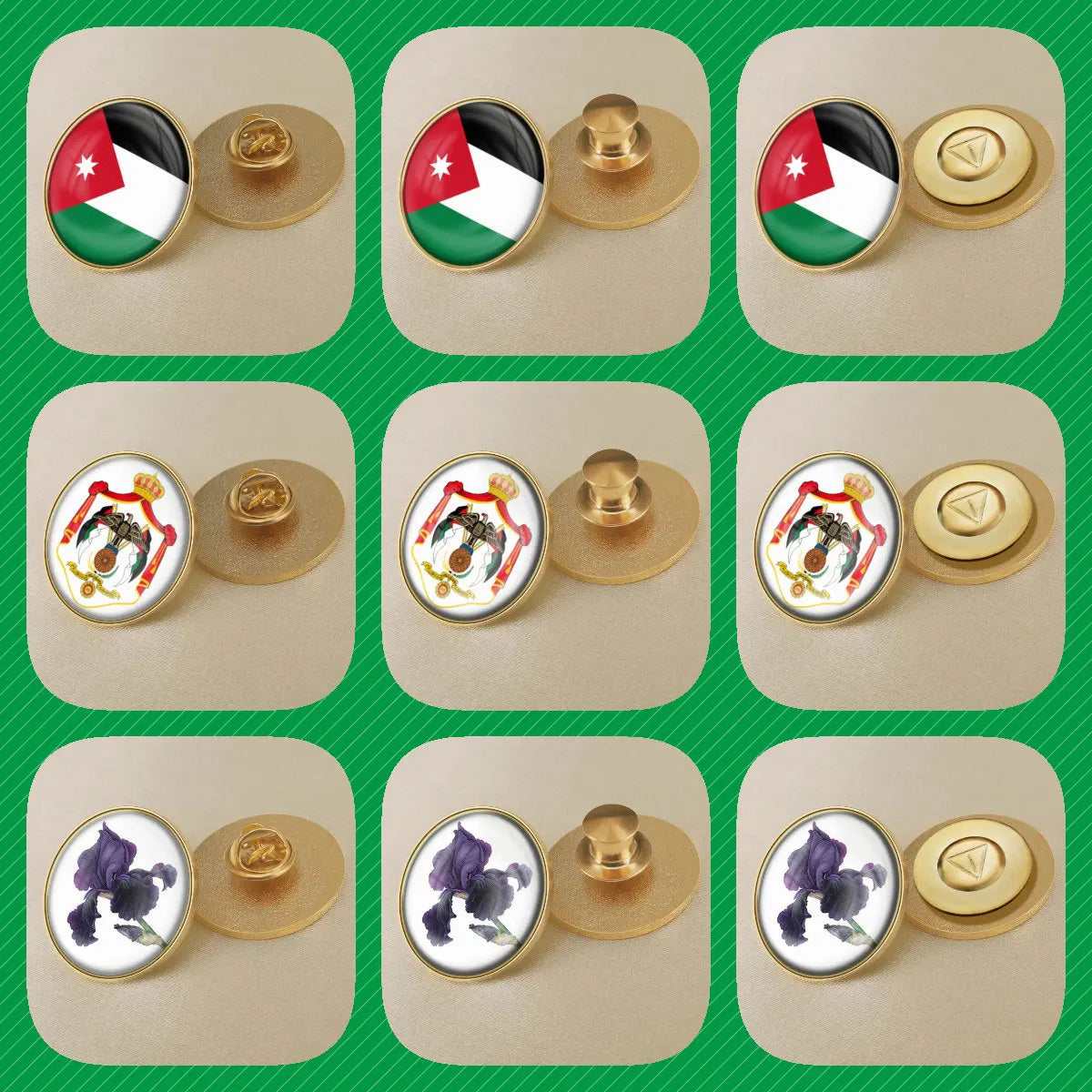 Jordan National Symbols Brooch Set – Map, Flag, Emblem & Flower Lapel Pins