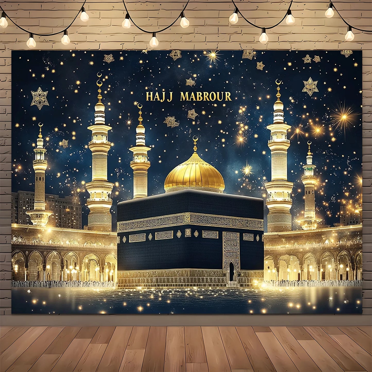 1 piece of 2D night view golden minaret starry sky background cloth of the Haji Mabul Islamic Mosque, for Eid al-Fitr decoration