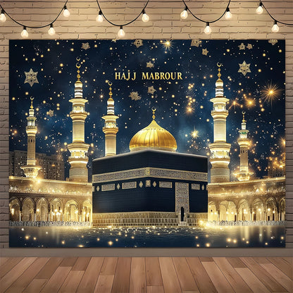 1 piece of 2D night view golden minaret starry sky background cloth of the Haji Mabul Islamic Mosque, for Eid al-Fitr decoration