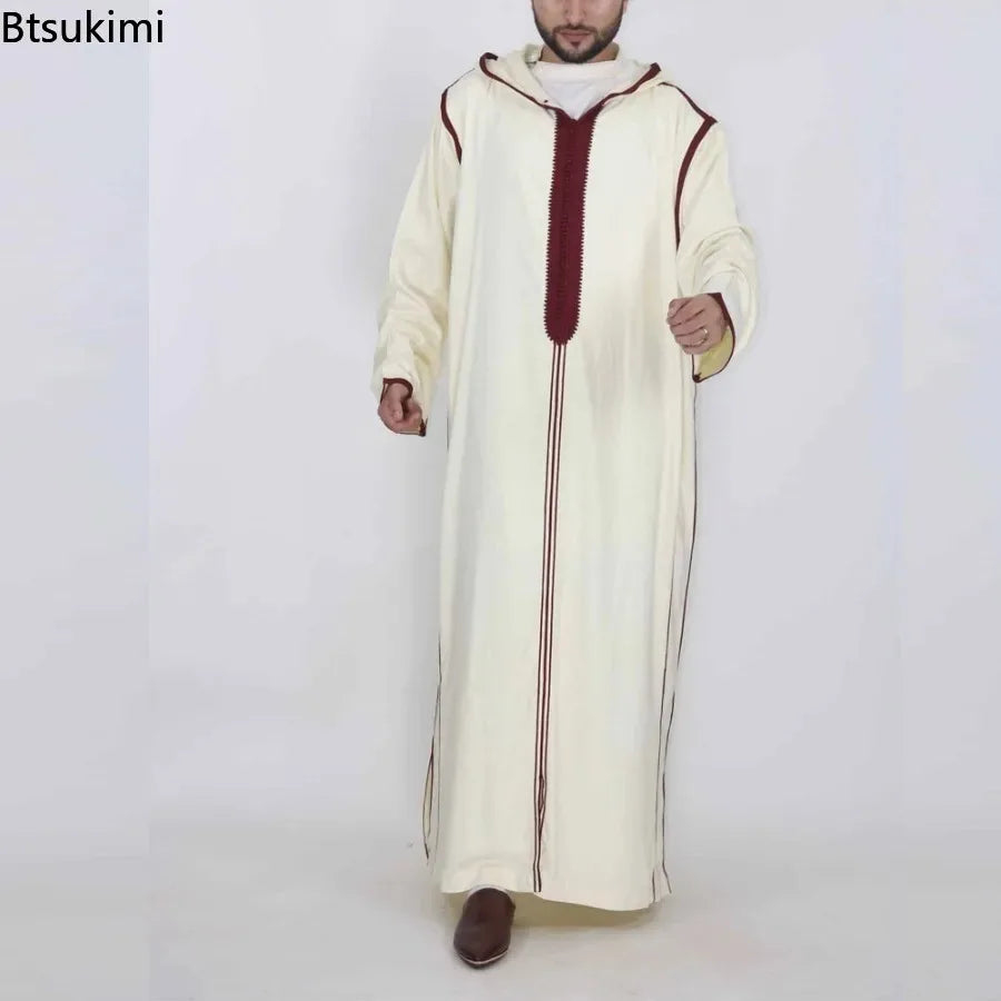 New Muslim Jubba Thobe Clothes Men Hoodie Ramadan Spring Autumn Abaya Dubai Turkey Islamic Clothing Male Casual Loose Red Stripe