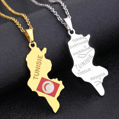Tunisia Map & Flag Pendant – Stainless Steel Necklace, Gold & Silver Tone