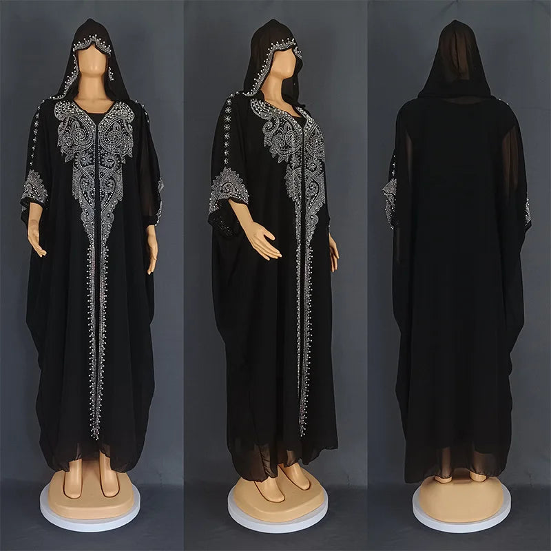 Beading Chiffon Maxi Dress Caftan Abaya Dubai Luxury Muslim Women Clothing Hijabs Femme Plus Size Hooded Long Dresses African