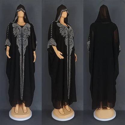 Beading Chiffon Maxi Dress Caftan Abaya Dubai Luxury Muslim Women Clothing Hijabs Femme Plus Size Hooded Long Dresses African