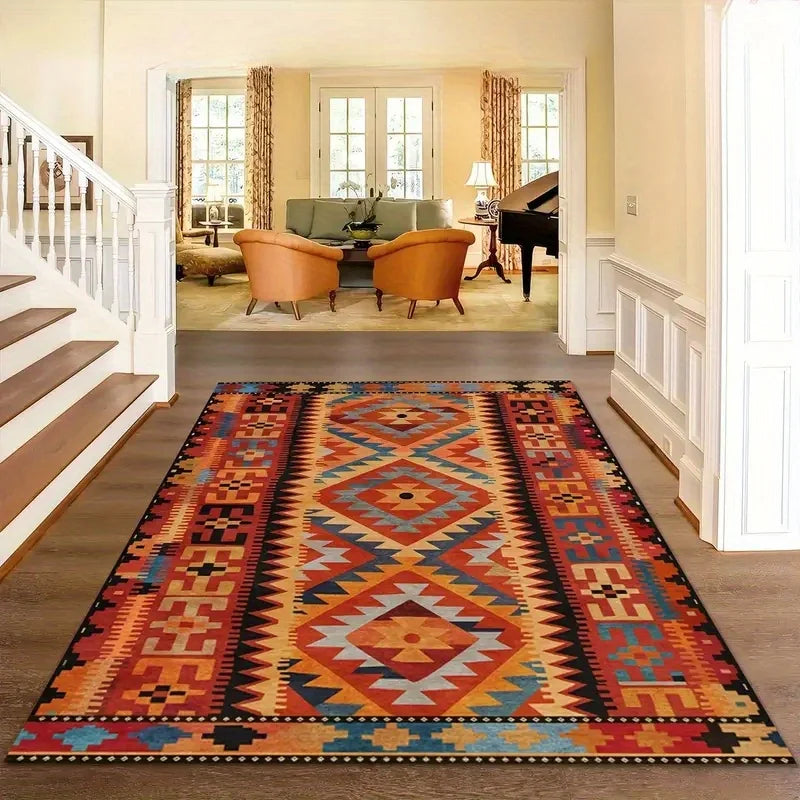 Velvet Dot Plush Colorful Southwestern Style Area Mat Non Slip Backing Machine Washable Vibrant Geometric Patterns Living Room