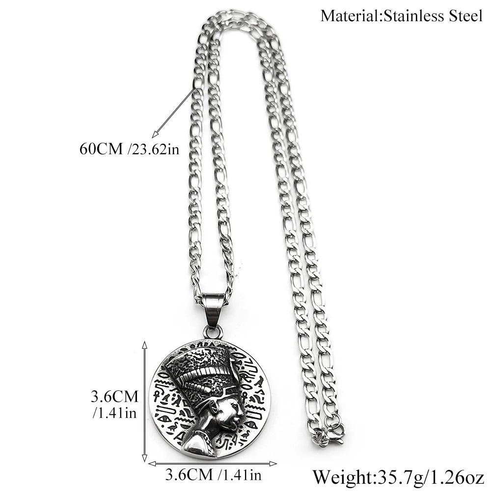 Nefertiti & Ankh Pendant – Titanium Steel Egyptian Cultural Symbol Necklace