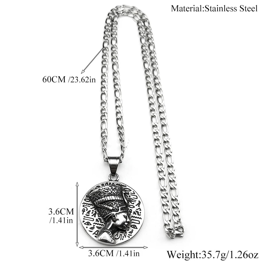 Nefertiti & Ankh Pendant – Titanium Steel Egyptian Cultural Symbol Necklace