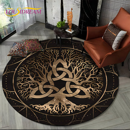 Viking Valknut Yggdrasil Tree of Life Round Area Rug,Carpet Rug for Living Room Bedroom Sofa Playroom Decor,Non-slip Floor Mat
