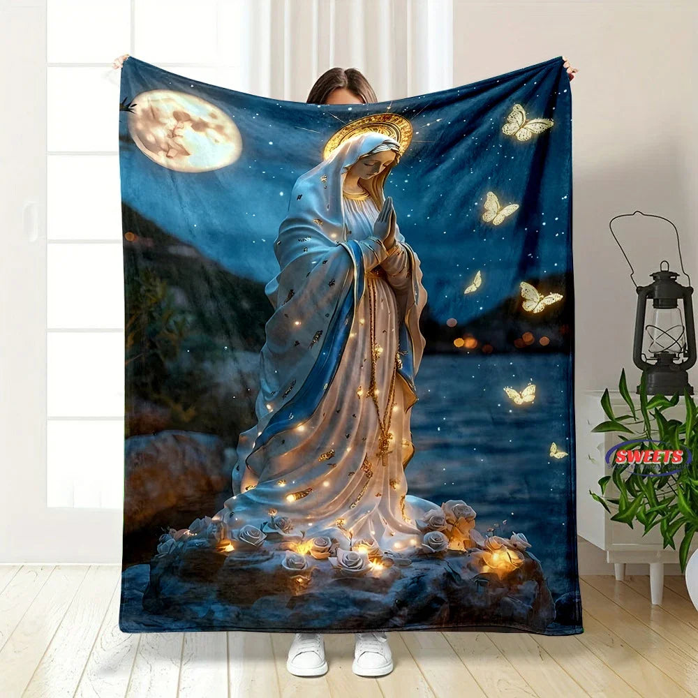6 Size Merciful Virgin Mary Flannel Art Blanket, Home Sofa Office Nap Blanket for Four Seasons, Machine Washable Flannel Blanket
