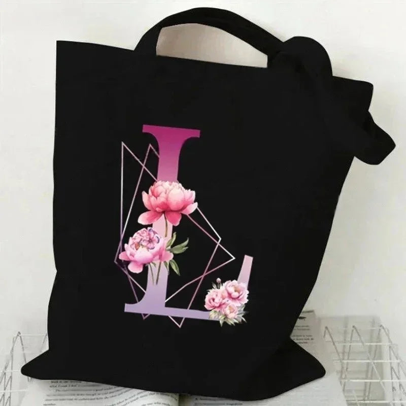 Noir Florale – Black Purple Alphabet Canvas Shoulder Tote