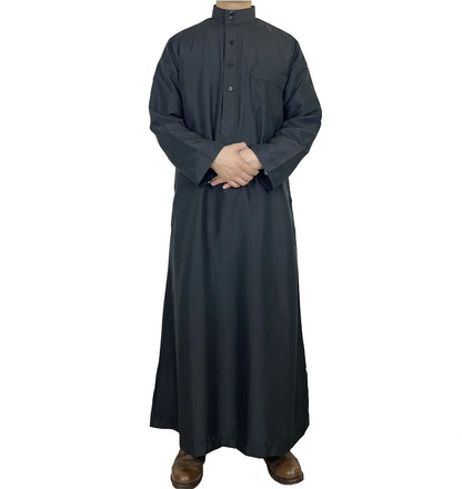 Polyester men's long robe, Qatar style stand collar robe, pocket design, Arabian and Middle Eastern men's clothing, available in