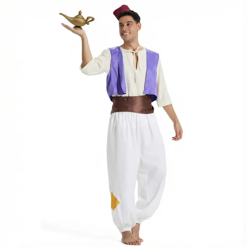Men's Aladdin Prince Costume Fantasy Movie Character Outfit Halloween Cosplay Set  Hat Magic Lamp Prop Party Performance Costume
