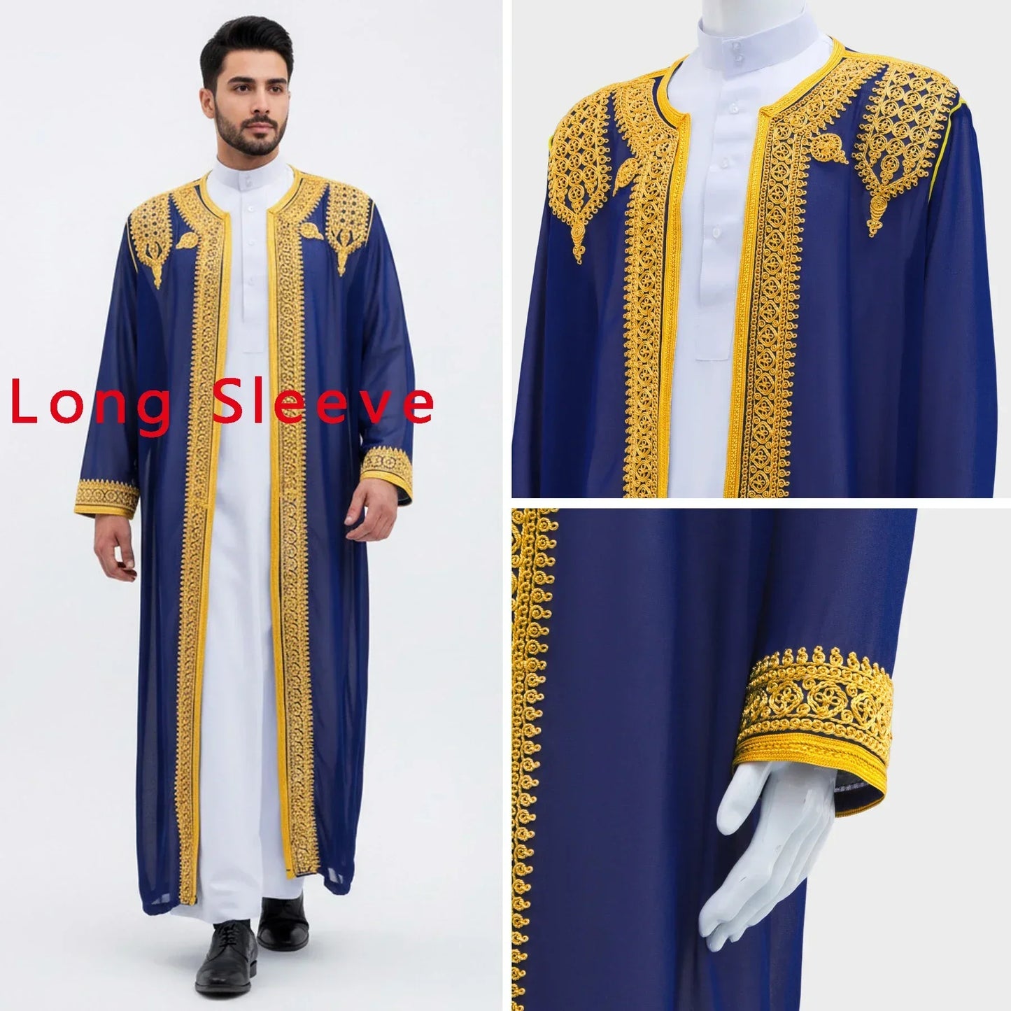 Traditional Arab Men's Robe Thobe Embroidered Dress Middle Eastern Ethnic Jubba Thobes Eid Djellaba Kimono Abaya Thoub Dishdasha